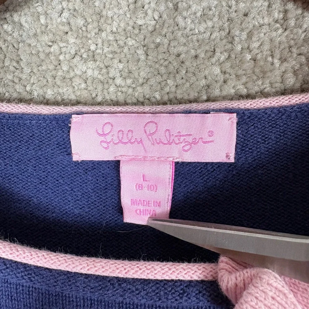 Lilly Pulitzer Girls Navy Blue Pink Striped Bow Knit Sweater Dress Size L 8-10